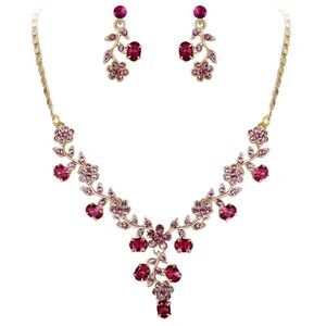 Yellow Gold & Pink Sapphire Austrian Crystal Flower Leaf Necklace & Earrings Set